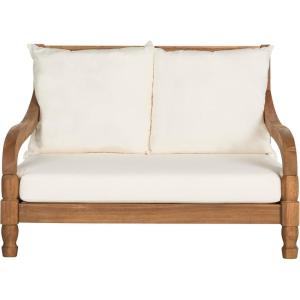 SAFAVIEH Outdoor Collection Pomona Dark Slate Grey Solid Wood/Beige Cushion Lounger Bench Sofa Loveseat (PAT6740K)(Natural / Beige)