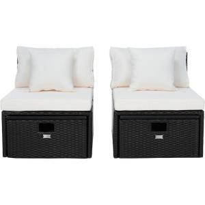 SAFAVIEH Outdoor Collection Pramla Grey Brown/White Cushion Settee with Storage Ottoman (Set of 2) PAT7515C(Black / Beige)