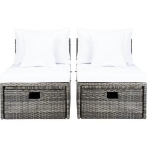 SAFAVIEH Outdoor Collection Pramla Grey Brown/White Cushion Settee with Storage Ottoman (Set of 2) PAT7515C(Grey Brown / White)