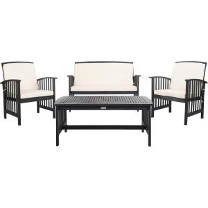 SAFAVIEH Outdoor Collection Rocklin Natural/ Green Cushion 4-Piece Conversation Patio Set(Black/White)