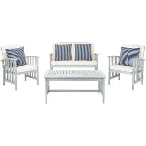 SAFAVIEH Outdoor Collection Rocklin Natural/ Green Cushion 4-Piece Conversation Patio Set(Grey/Beige/Stripe)