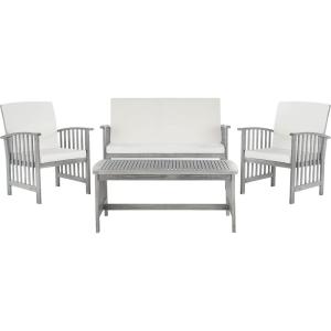SAFAVIEH Outdoor Collection Rocklin Natural/ Green Cushion 4-Piece Conversation Patio Set(Greywash/Beige)