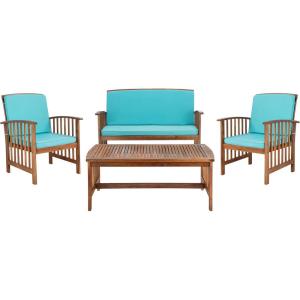 SAFAVIEH Outdoor Collection Rocklin Natural/ Green Cushion 4-Piece Conversation Patio Set(Natural/Aqua)