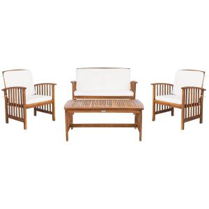SAFAVIEH Outdoor Collection Rocklin Natural/ Green Cushion 4-Piece Conversation Patio Set(Natural/Beige)