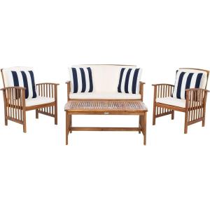 SAFAVIEH Outdoor Collection Rocklin Natural/ Green Cushion 4-Piece Conversation Patio Set(Natural/Beige/Thickstripe)