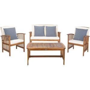 SAFAVIEH Outdoor Collection Rocklin Natural/ Green Cushion 4-Piece Conversation Patio Set(Natural/Beige/Thinstripe)