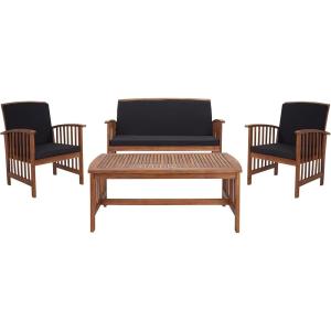 SAFAVIEH Outdoor Collection Rocklin Natural/ Green Cushion 4-Piece Conversation Patio Set(Natural/Black)