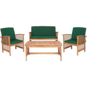 SAFAVIEH Outdoor Collection Rocklin Natural/ Green Cushion 4-Piece Conversation Patio Set(Natural/Green)