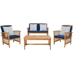 SAFAVIEH Outdoor Collection Rocklin Natural/ Green Cushion 4-Piece Conversation Patio Set(Natural/Navyblue)
