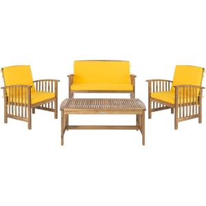 SAFAVIEH Outdoor Collection Rocklin Natural/ Green Cushion 4-Piece Conversation Patio Set(Natural/Yellow/Navy)