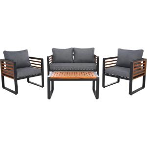 SAFAVIEH Outdoor Collection Vesta Black/Grey Solid Wood 4-Piece Conversation Set(Black/Grey)