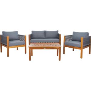 SAFAVIEH Outdoor Collection Wilson Brown Acacia Wood/Grey Cushion & Rope 4-Piece Conversation Patio Set(Grey)