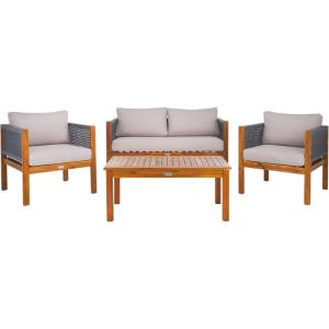 SAFAVIEH Outdoor Collection Wilson Brown Acacia Wood/Grey Cushion & Rope 4-Piece Conversation Patio Set(Grey/Light Grey)