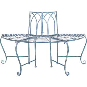 SAFAVIEH Outdoor Furniture Collection – Abia Antique Blue Distressed Wrought Iron 50-Inch Curved Tree Bench, Garden & Patio Seating (PAT5018C)(Mossy Blue)