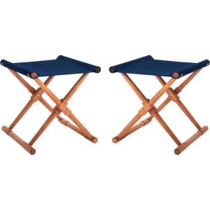 SAFAVIEH Outdoor Patio Furniture Collection – Breanne Natural & Navy Striped Outdoor Stool Set of 2, Solid Wood Folding Accent Seating (PAT7053C-SET2)(Natural / Navy)