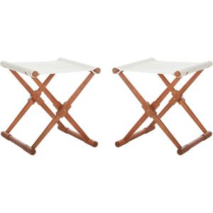 SAFAVIEH Outdoor Patio Furniture Collection – Breanne Natural & Navy Striped Outdoor Stool Set of 2, Solid Wood Folding Accent Seating (PAT7053C-SET2)(Natural / Beige)