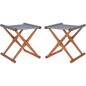 SAFAVIEH Outdoor Patio Furniture Collection – Breanne Natural & Navy Striped Outdoor Stool Set of 2, Solid Wood Folding Accent Seating (PAT7053C-SET2)(Natural / Navy Stripe)