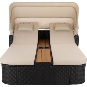 SAFAVIEH Outdoor Patio Furniture Collection – Victoria Black & Taupe Double Daybed, Rattan Canopy Lounger with Reversible Cushions (PAT7759B)(Black/Taupe)