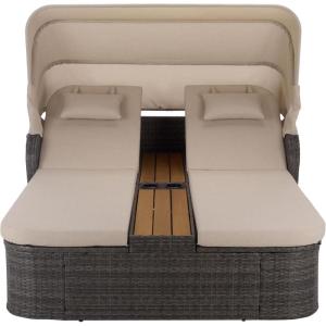 SAFAVIEH Outdoor Patio Furniture Collection – Victoria Black & Taupe Double Daybed, Rattan Canopy Lounger with Reversible Cushions (PAT7759B)(Grey Brown/Taupe)