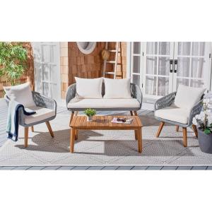 SAFAVIEH PAT7073A Outdoor Prester Rope 4-Piece Seat Cushions and Pillows Included Patio Set(Grey / Beige)