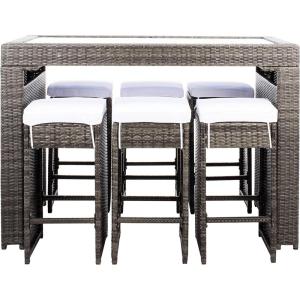 SAFAVIEH PAT7502A Outdoor Collection Horus Black and Beige Cushions 7-Piece Dining Set(Grey Brown/White)