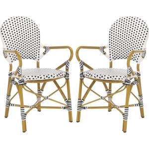 Safavieh Home Hooper Navy and White Indoor/Outdoor Rattan Stacking Arm Chair, Set of 2(Black / White)