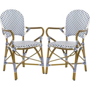 Safavieh Home Hooper Navy and White Indoor/Outdoor Rattan Stacking Arm Chair, Set of 2(Blue / White)