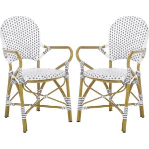 Safavieh Home Hooper Navy and White Indoor/Outdoor Rattan Stacking Arm Chair, Set of 2(Grey / White)