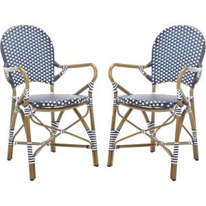 Safavieh Home Hooper Navy and White Indoor/Outdoor Rattan Stacking Arm Chair, Set of 2(Navy / White)