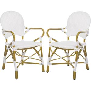 Safavieh Home Hooper Navy and White Indoor/Outdoor Rattan Stacking Arm Chair, Set of 2(White)