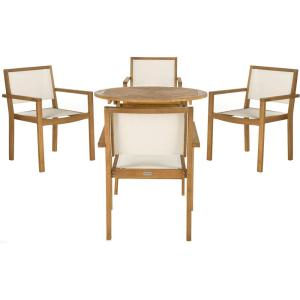 Safavieh Outdoor Collection Chante Teak 35.4″ Round Table 5 Piece Dining Set