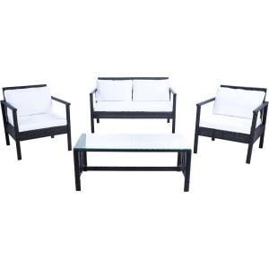 Safavieh Outdoor Collection Garnen Wicker Cushion 4-Piece Living Set PAT7714D, Natural/White(Black / White)