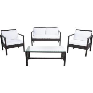 Safavieh Outdoor Collection Garnen Wicker Cushion 4-Piece Living Set PAT7714D, Natural/White(Brown / White)