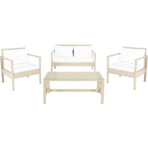 Safavieh Outdoor Collection Garnen Wicker Cushion 4-Piece Living Set PAT7714D, Natural/White(Grey / White)