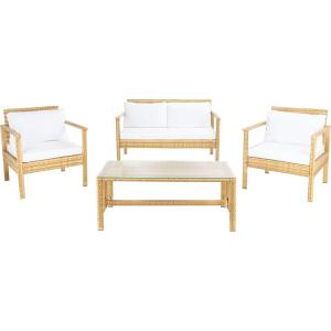 Safavieh Outdoor Collection Garnen Wicker Cushion 4-Piece Living Set PAT7714D, Natural/White(Natural / White)