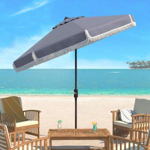 Safavieh Outdoor Milan Fringe 11-Foot Round Crank UV Protected Umbrella(Gray)