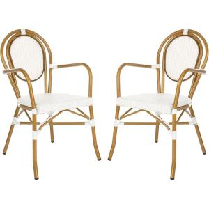 Safavieh PAT4014A-SET2 Outdoor Collection Rosen Navy and White French Bistro Stacking Arm Chair(White)
