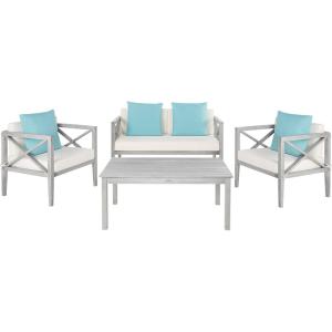 Safavieh PAT7031A Collection Nunzio Teak and White and Navy 4 Pc Accent Pillows Outdoor Set(Grey / Beige + Solid Pillow)