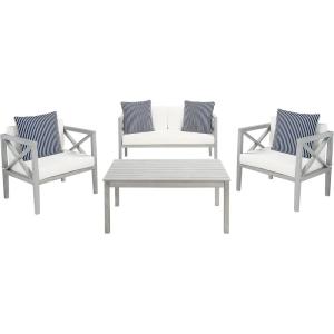 Safavieh PAT7031A Collection Nunzio Teak and White and Navy 4 Pc Accent Pillows Outdoor Set(Grey / Beige + Thin Stripe P)