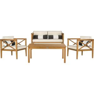 Safavieh PAT7031A Collection Nunzio Teak and White and Navy 4 Pc Accent Pillows Outdoor Set(Natural / Beige + Bolster P)