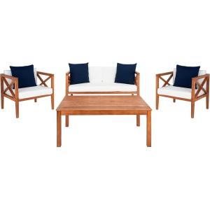 Safavieh PAT7031A Collection Nunzio Teak and White and Navy 4 Pc Accent Pillows Outdoor Set(Natural / Beige + Solid Pillow)