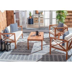 Safavieh PAT7031A Collection Nunzio Teak and White and Navy 4 Pc Accent Pillows Outdoor Set(Natural / Beige + Thin Stripe P)