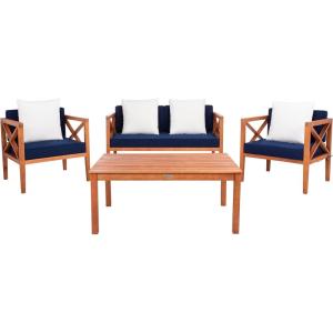 Safavieh PAT7031A Collection Nunzio Teak and White and Navy 4 Pc Accent Pillows Outdoor Set(Natural / Navy + Solid Pillow)