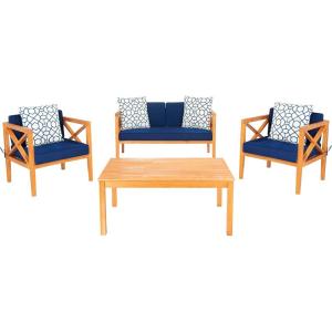 Safavieh PAT7031A Collection Nunzio Teak and White and Navy 4 Pc Accent Pillows Outdoor Set(Natural / Navy + Trellis P)