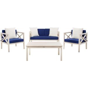Safavieh PAT7031A Collection Nunzio Teak and White and Navy 4 Pc Accent Pillows Outdoor Set(White / Navy + Solid Pillow)