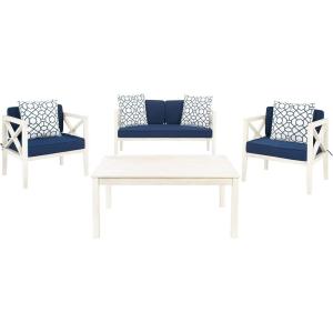 Safavieh PAT7031A Collection Nunzio Teak and White and Navy 4 Pc Accent Pillows Outdoor Set(White / Navy + Trellis Pillow)