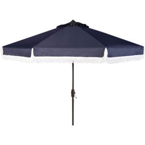 Safavieh PAT8008A Collection Milan Fringe Navy and White 9Ft Crank Outdoor Push Button Tilt Umbrella(Navy/White)