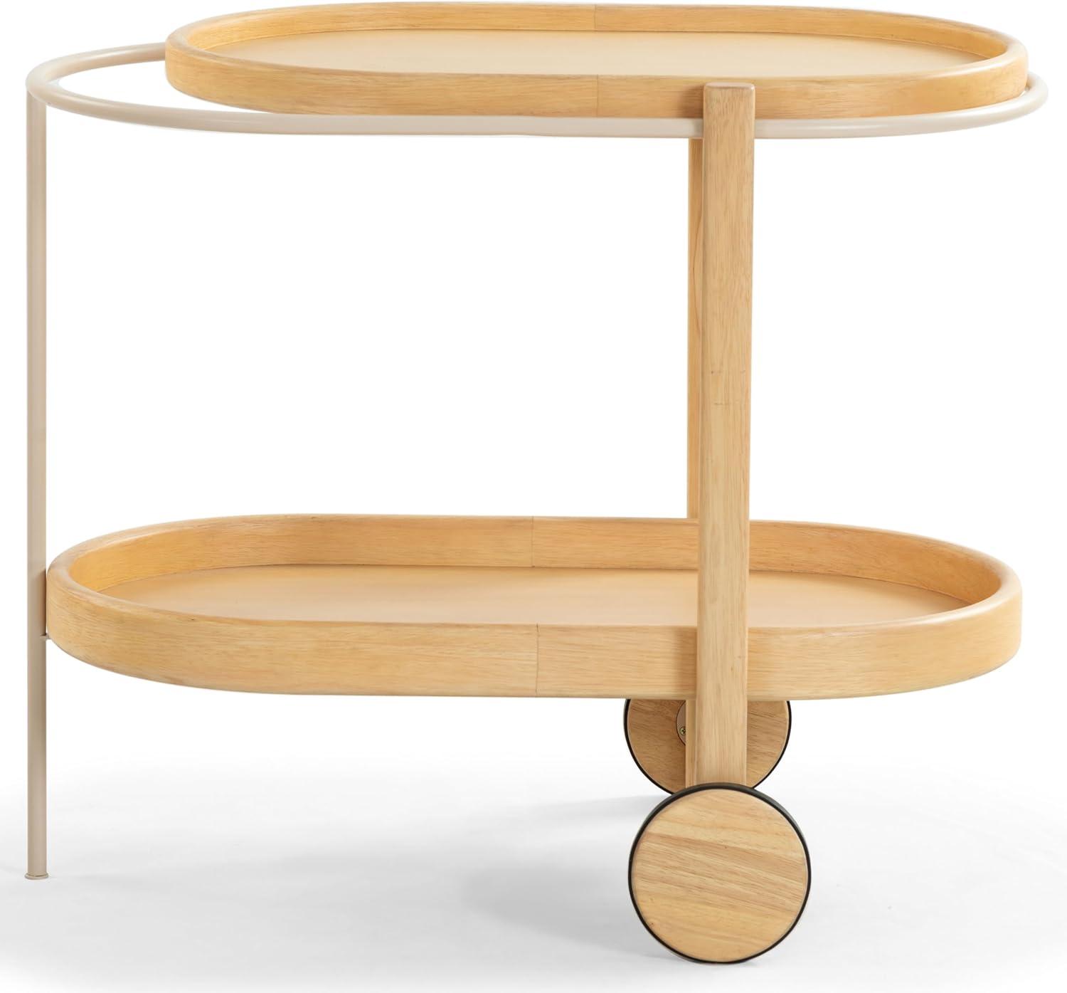 image:imageSAFAVIEH Couture Collection Trianna Natural 2Shelf Oval Wood Bar Cart Rolling Serving Cart with Shelves Modern Entertaining Design Fully Assembled SFV7254ANatural
