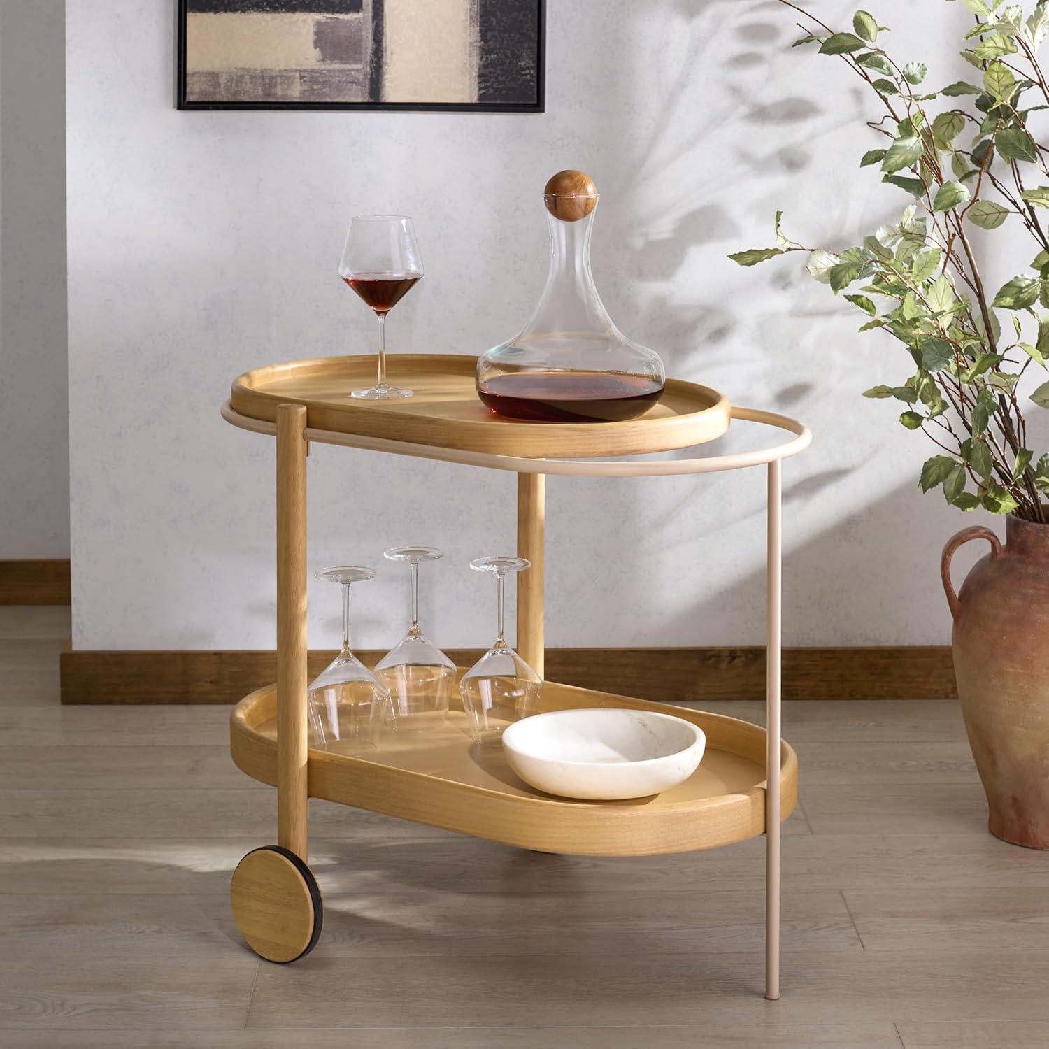 image:imageSAFAVIEH Couture Collection Trianna Natural 2Shelf Oval Wood Bar Cart Rolling Serving Cart with Shelves Modern Entertaining Design Fully Assembled SFV7254ANatural