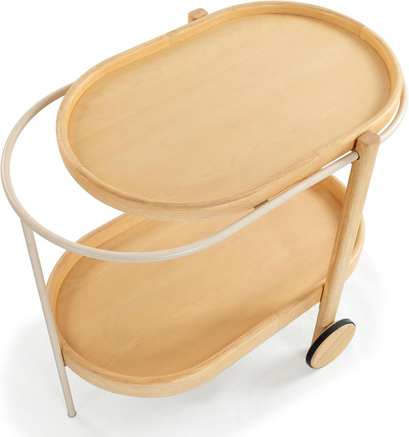 image:imageSAFAVIEH Couture Collection Trianna Natural 2Shelf Oval Wood Bar Cart Rolling Serving Cart with Shelves Modern Entertaining Design Fully Assembled SFV7254ANatural